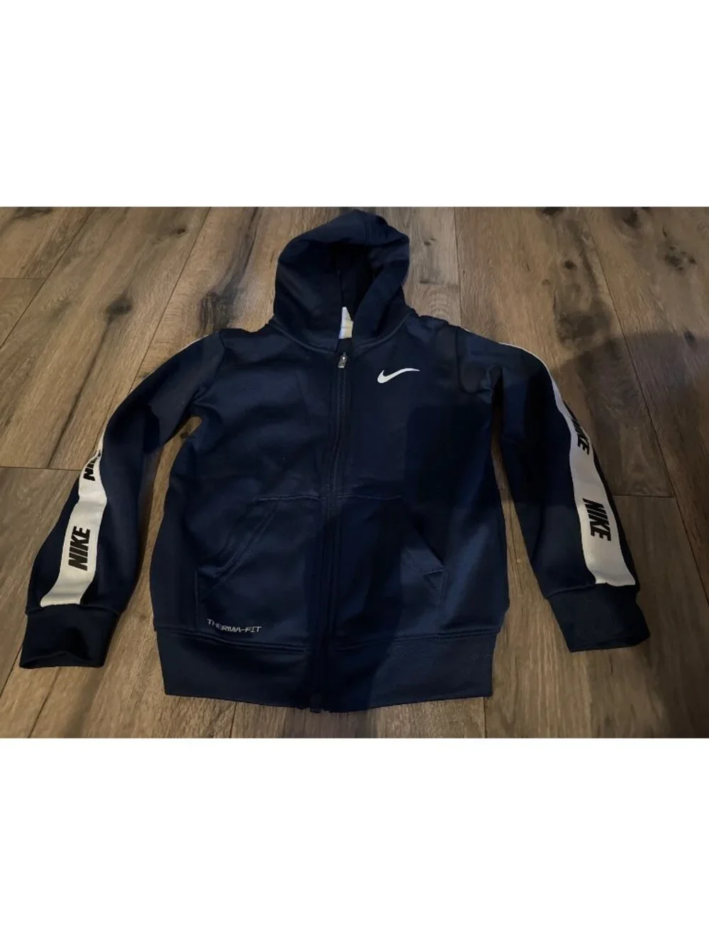 Nike Therma-Fit Kids Navy Zip-Up Hoodie With White Sleeve Logo Size 4T